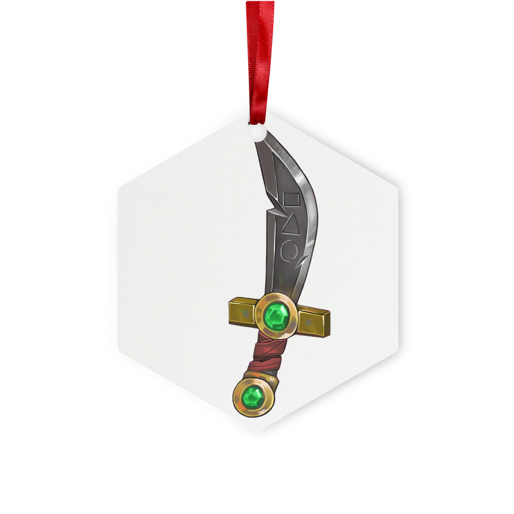 Sword Metal Hanging Ornament in hexagon and star shapes, featuring a glossy white finish and red ribbon for hanging.