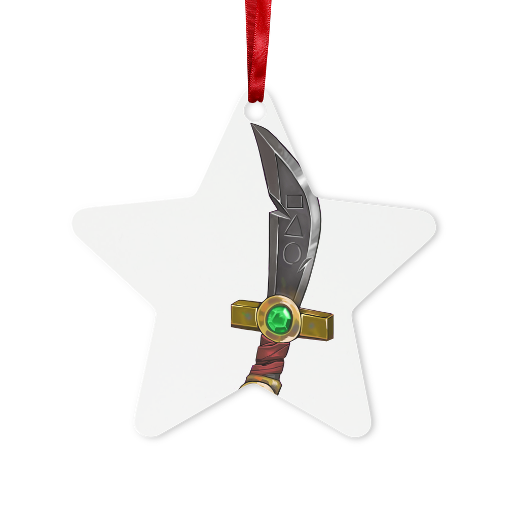 Sword Metal Hanging Ornament in hexagon and star shapes, featuring a glossy white finish and red ribbon for hanging.