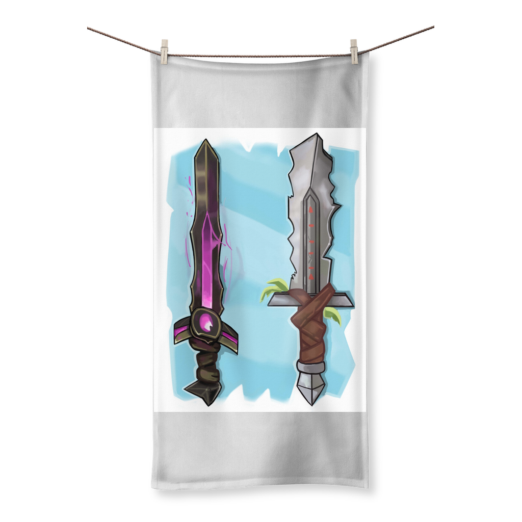 Sword Sublimation All Over Towel showcasing vibrant sublimation print on one side and soft cotton backing on the other.