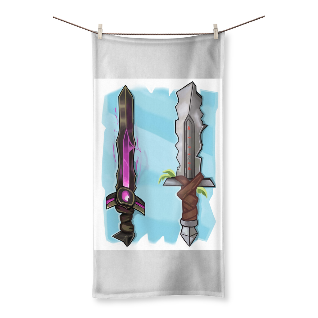 Sword Sublimation All Over Towel showcasing vibrant sublimation print on one side and soft cotton backing on the other.