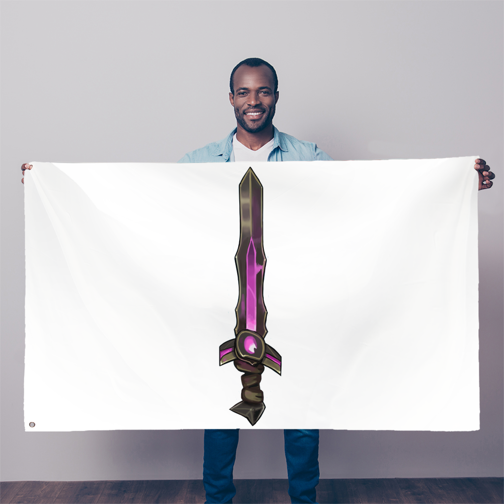 A vibrant Sword Sublimation Flag measuring 5FT x 3FT, made from durable polyester fabric with double-stitched edges and eyelets for hanging.