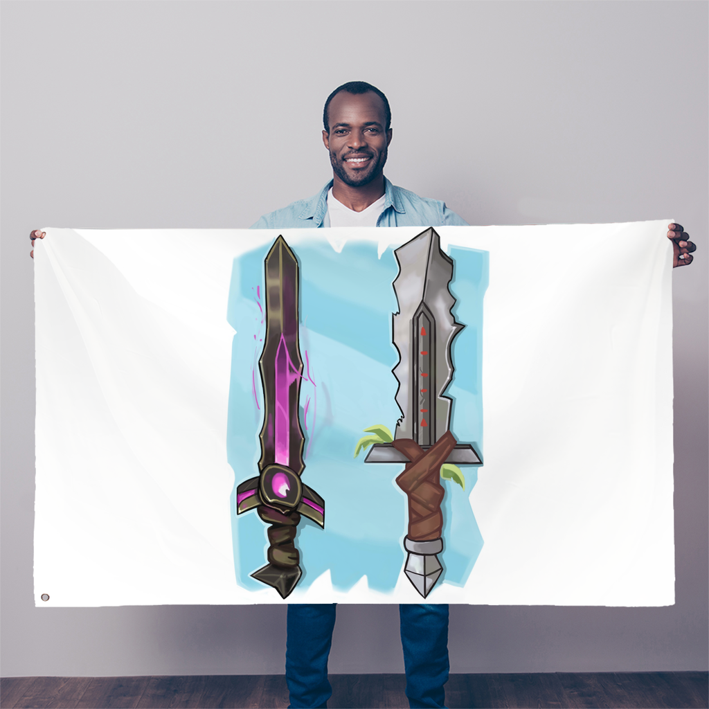 A vibrant Sword Sublimation Flag measuring 5FT x 3FT, made from durable polyester fabric with double-stitched edges and eyelets for easy hanging.