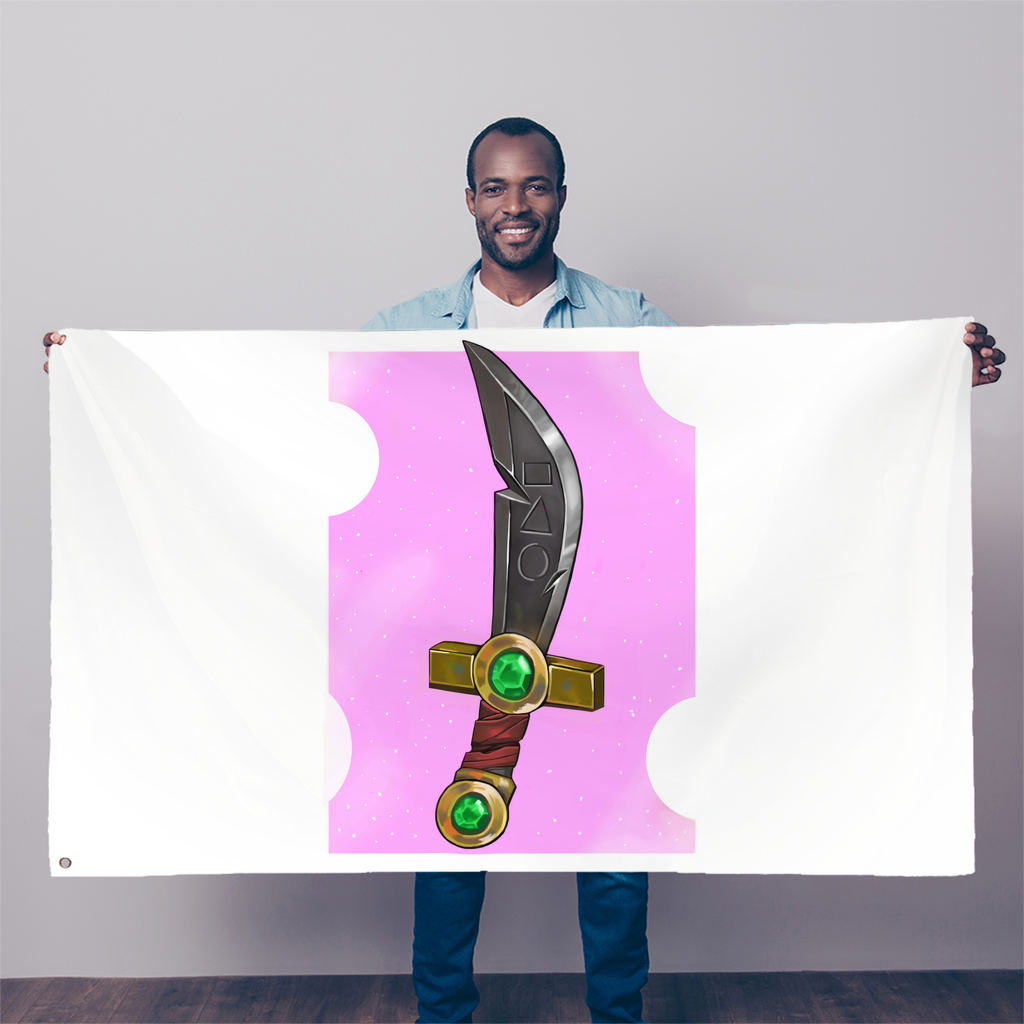 A vibrant Sword Sublimation Flag measuring 5FT x 3FT, made from durable polyester fabric with double-stitched edges and eyelets for hanging.