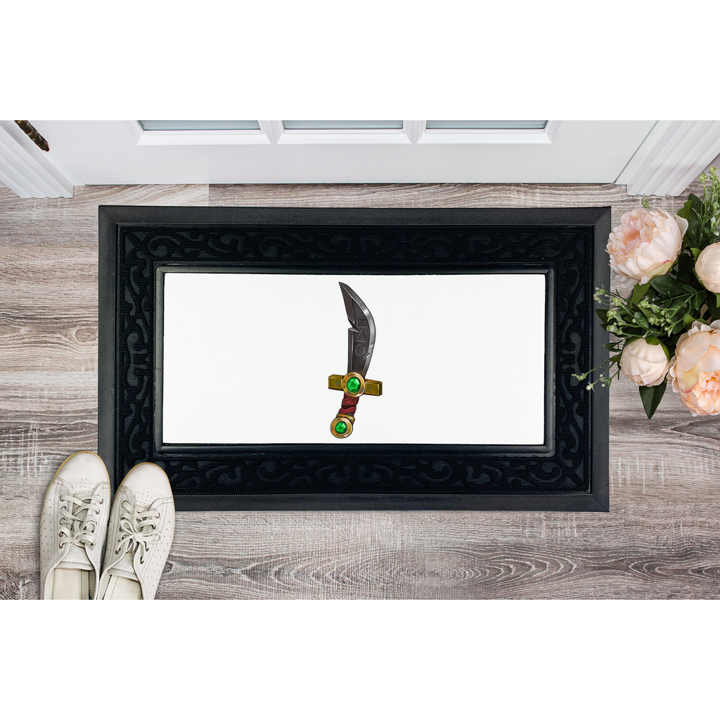 Sword Sublimation Heavy Duty Door Mat with a removable fabric center and non-slip rubber base, featuring a stylish brush border.