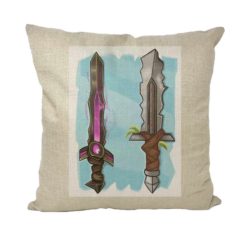 Stylish Sword Throw Pillows in various materials including linen, canvas, and suede, showcasing vibrant colors and unique designs.