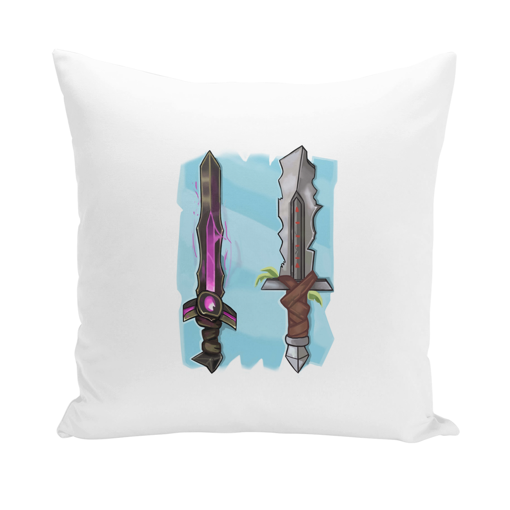 Stylish Sword Throw Pillows in various materials including linen, canvas, and suede, showcasing vibrant colors and unique designs.