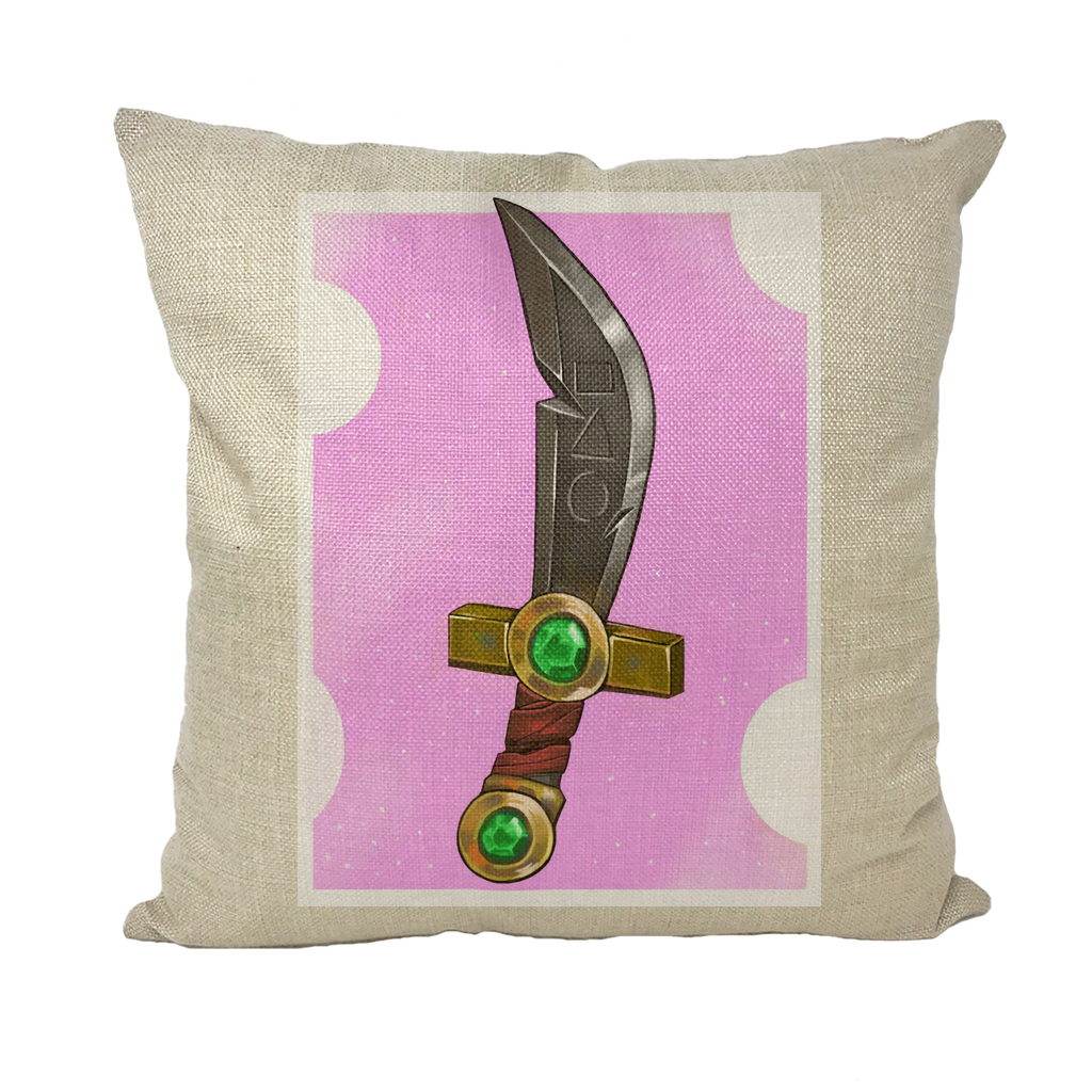 Stylish Sword Throw Pillows in various materials including linen, canvas, and suede, showcasing vibrant colors and elegant designs.