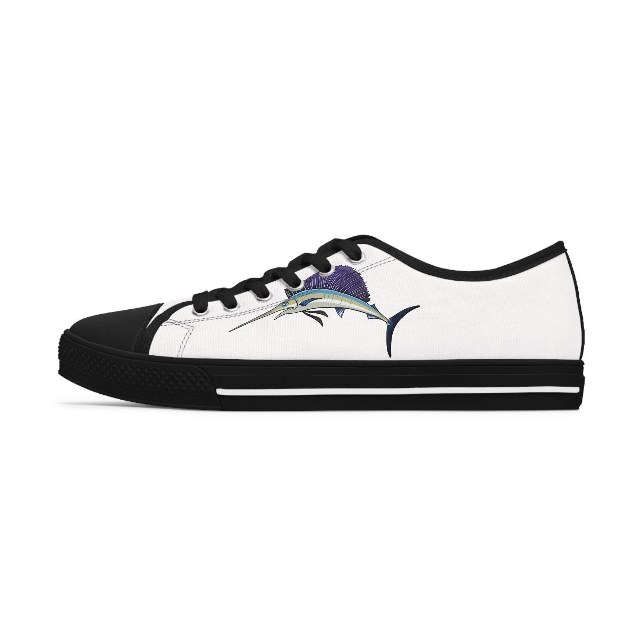 Swordfish Women's Low Top Sneakers in black and white with silver metal eyelets and lace-up closure, showcasing breathable canvas and memory foam insoles.