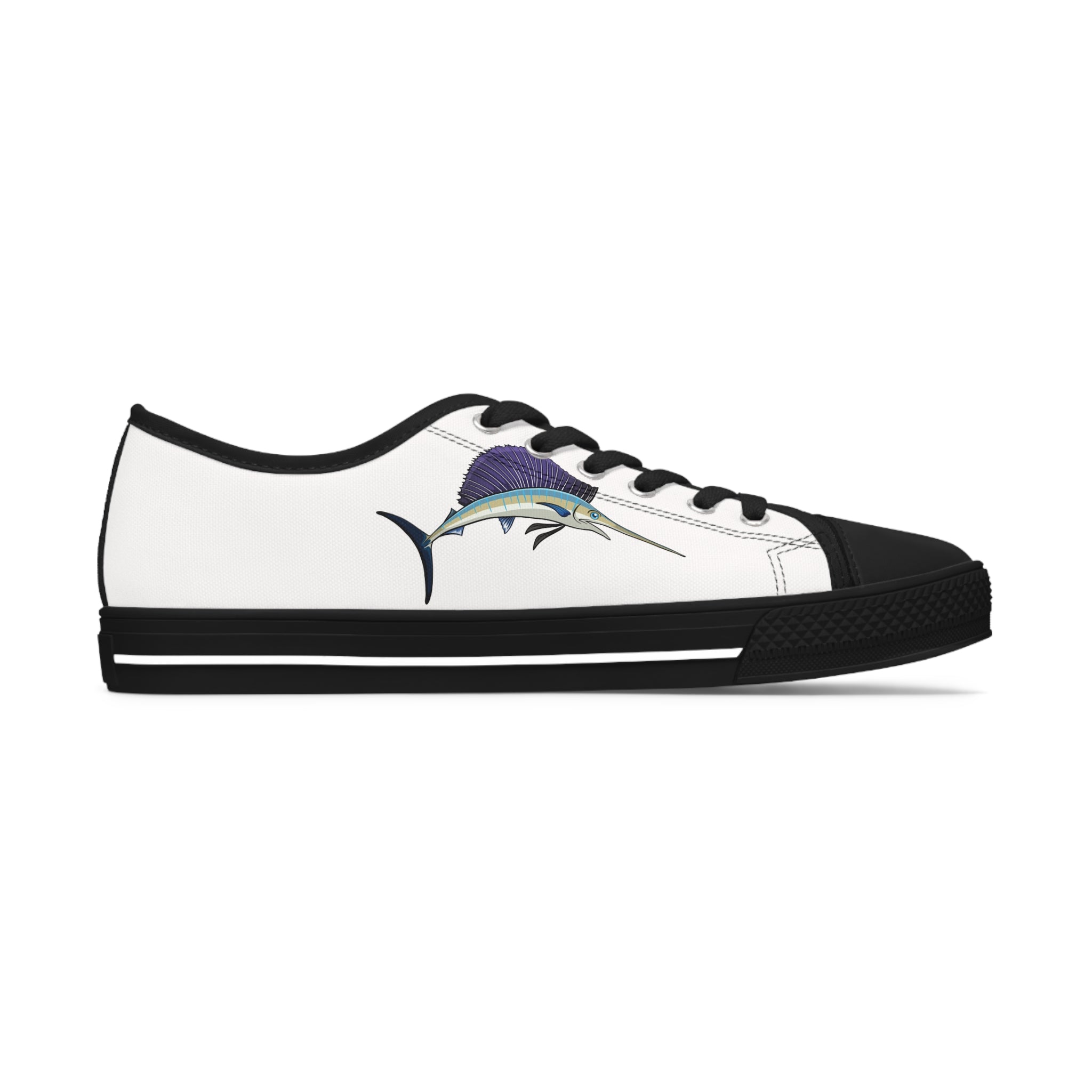 Swordfish Women's Low Top Sneakers in black and white with silver metal eyelets and lace-up closure, showcasing breathable canvas and memory foam insoles.