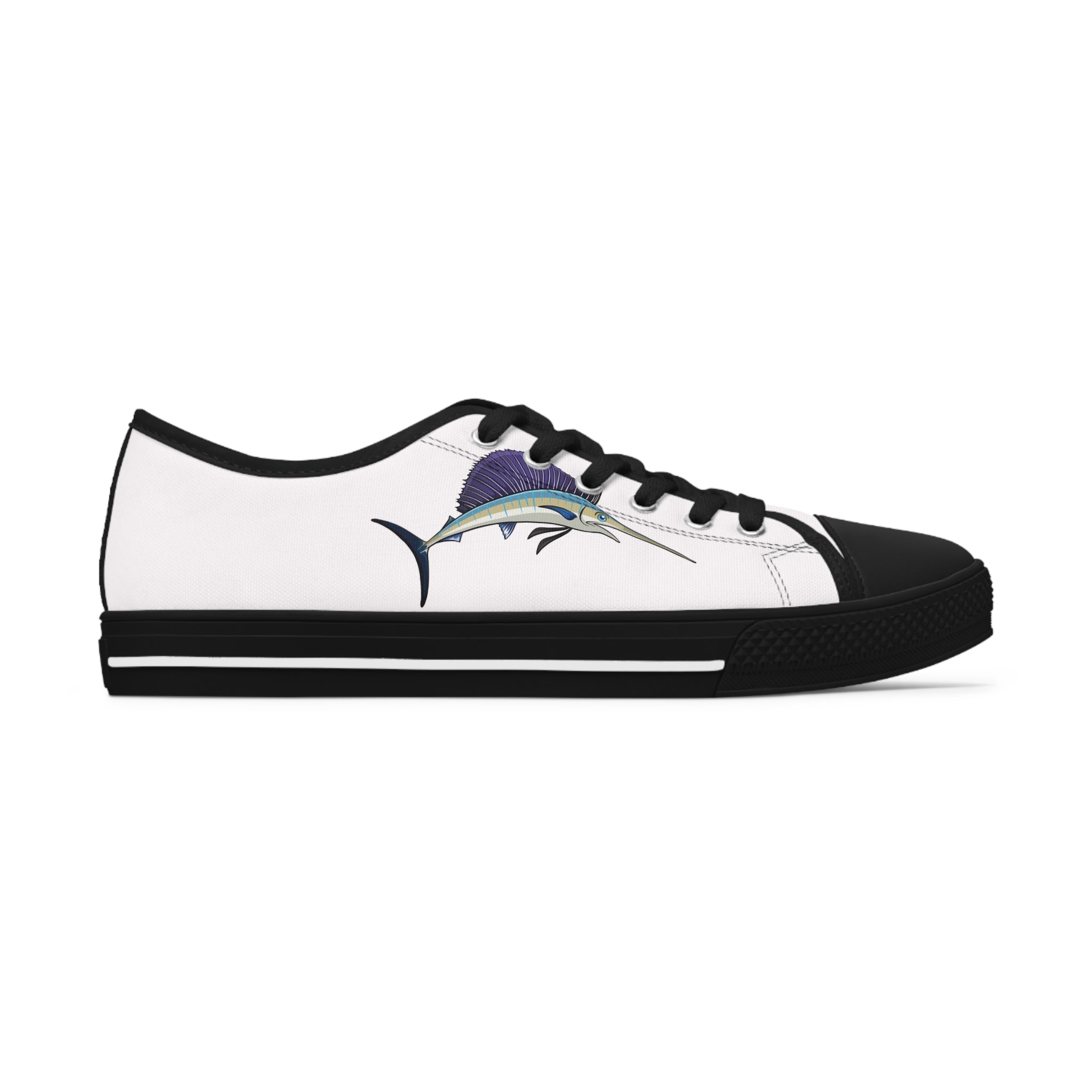 Swordfish Women's Low Top Sneakers in black and white with silver metal eyelets and lace-up closure, showcasing breathable canvas and memory foam insoles.