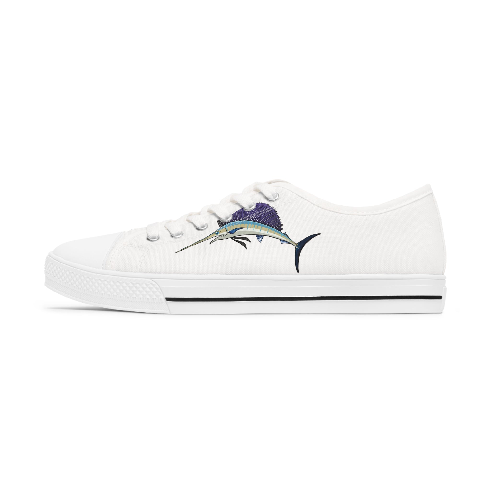 Swordfish Women's Low Top Sneakers in black and white with silver metal eyelets and lace-up closure, showcasing breathable canvas and memory foam insoles.