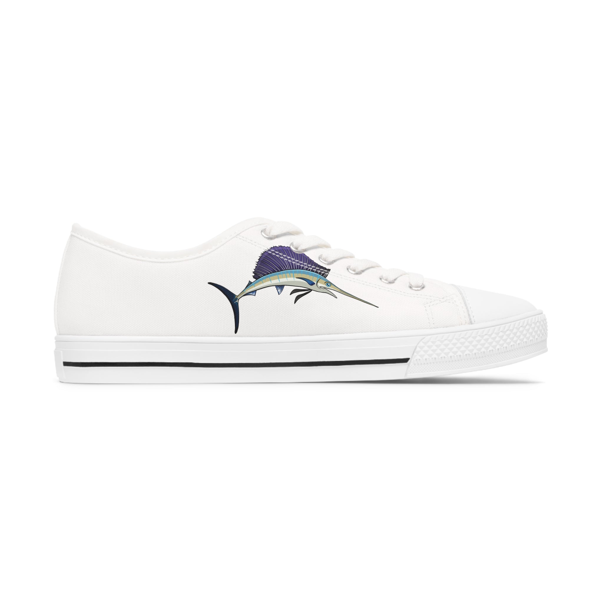 Swordfish Women's Low Top Sneakers in black and white with silver metal eyelets and lace-up closure, showcasing breathable canvas and memory foam insoles.