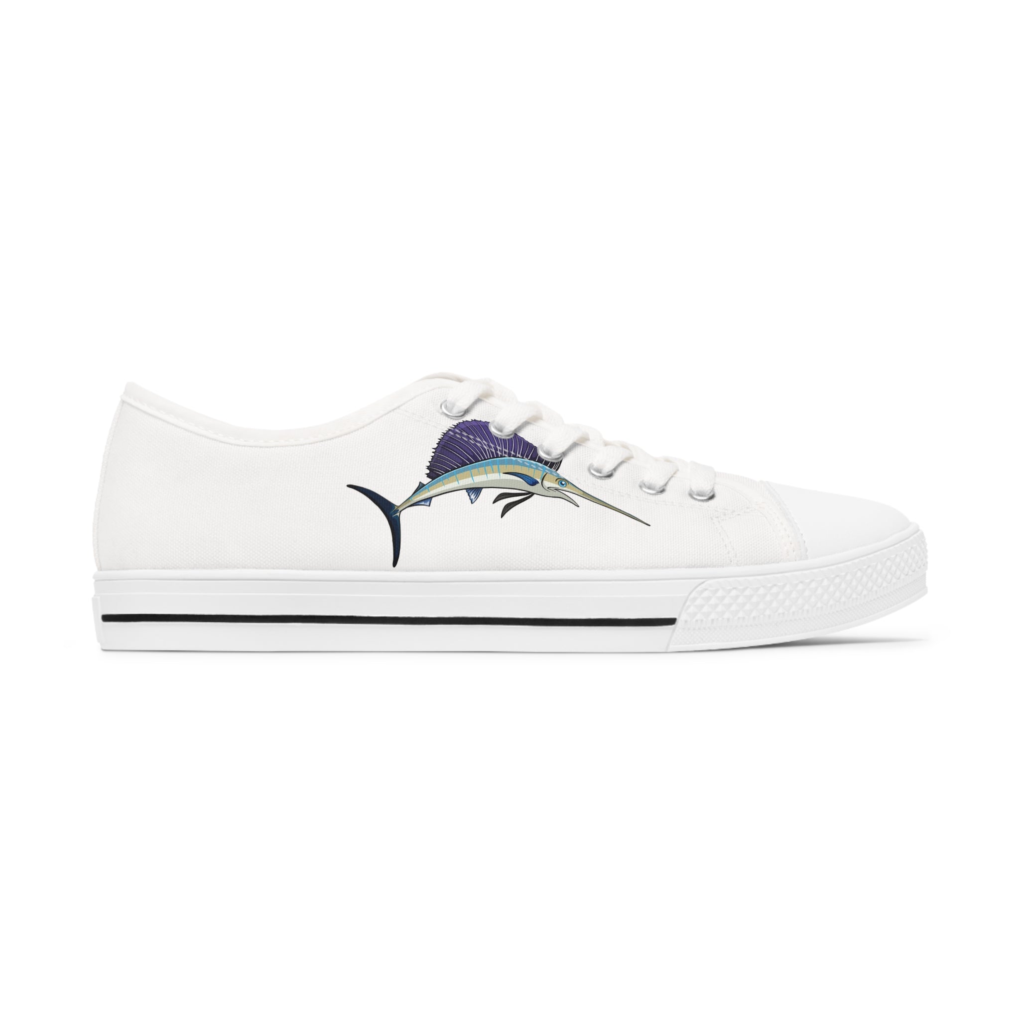 Swordfish Women's Low Top Sneakers in black and white with silver metal eyelets and lace-up closure, showcasing breathable canvas and memory foam insoles.