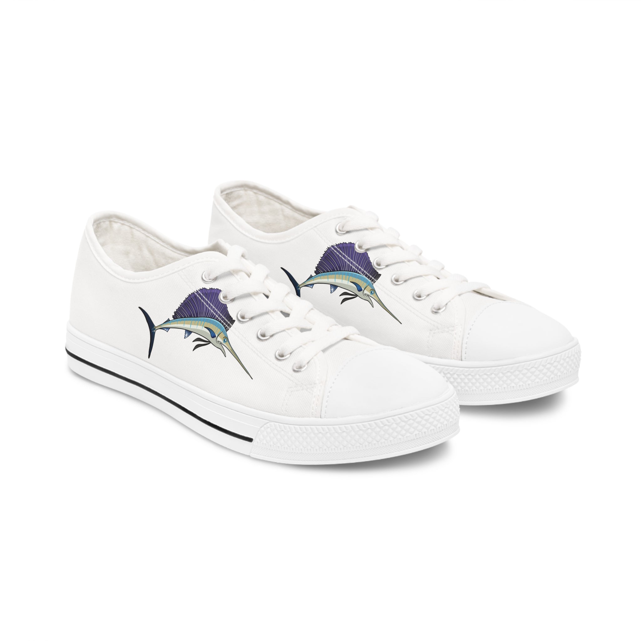 Swordfish Women's Low Top Sneakers in black and white with silver metal eyelets and lace-up closure, showcasing breathable canvas and memory foam insoles.