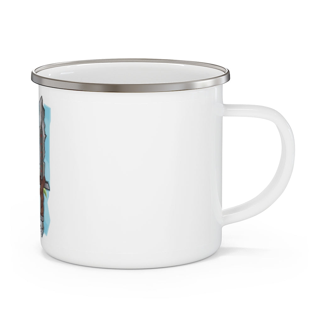 Swords Enamel Camping Mug with a stylish design, featuring a C-handle and durable enamel finish, perfect for outdoor adventures.