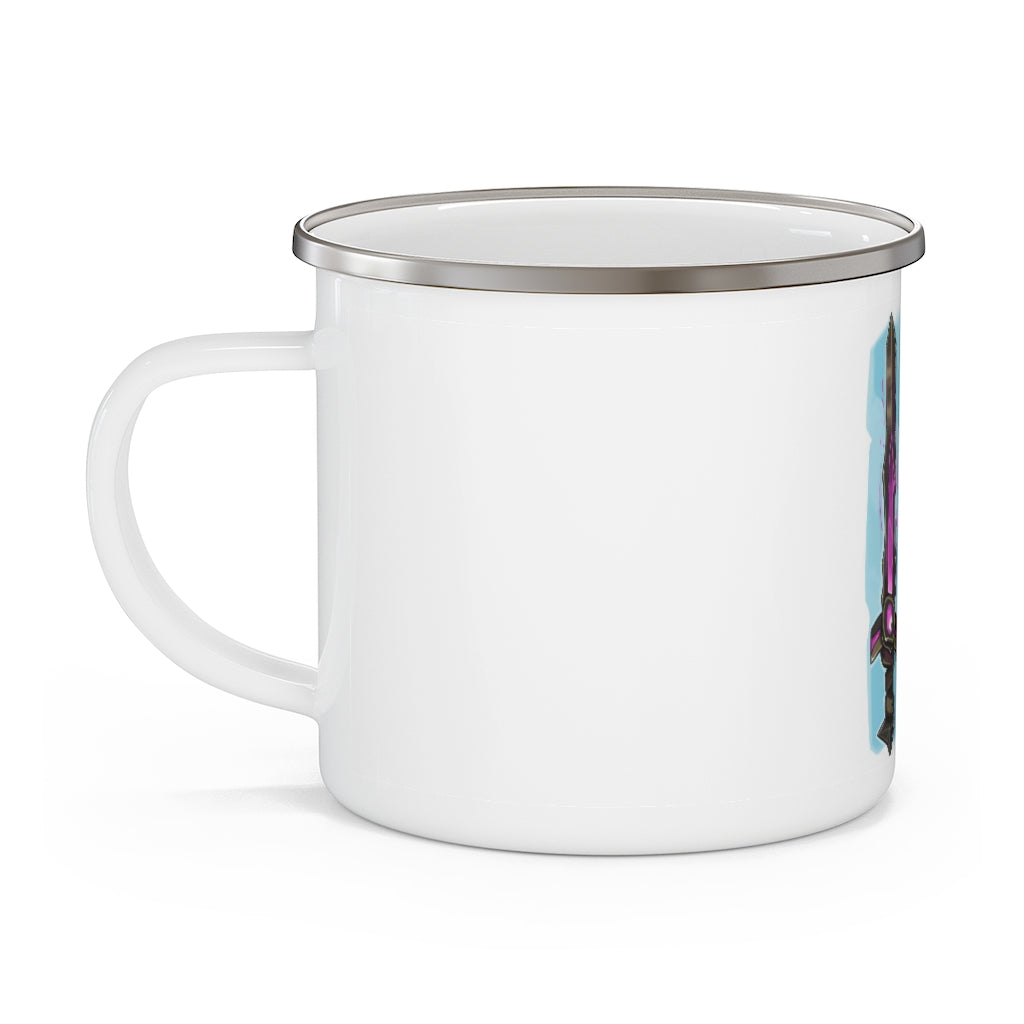 Swords Enamel Camping Mug with a stylish design, featuring a C-handle and durable enamel finish, perfect for outdoor adventures.