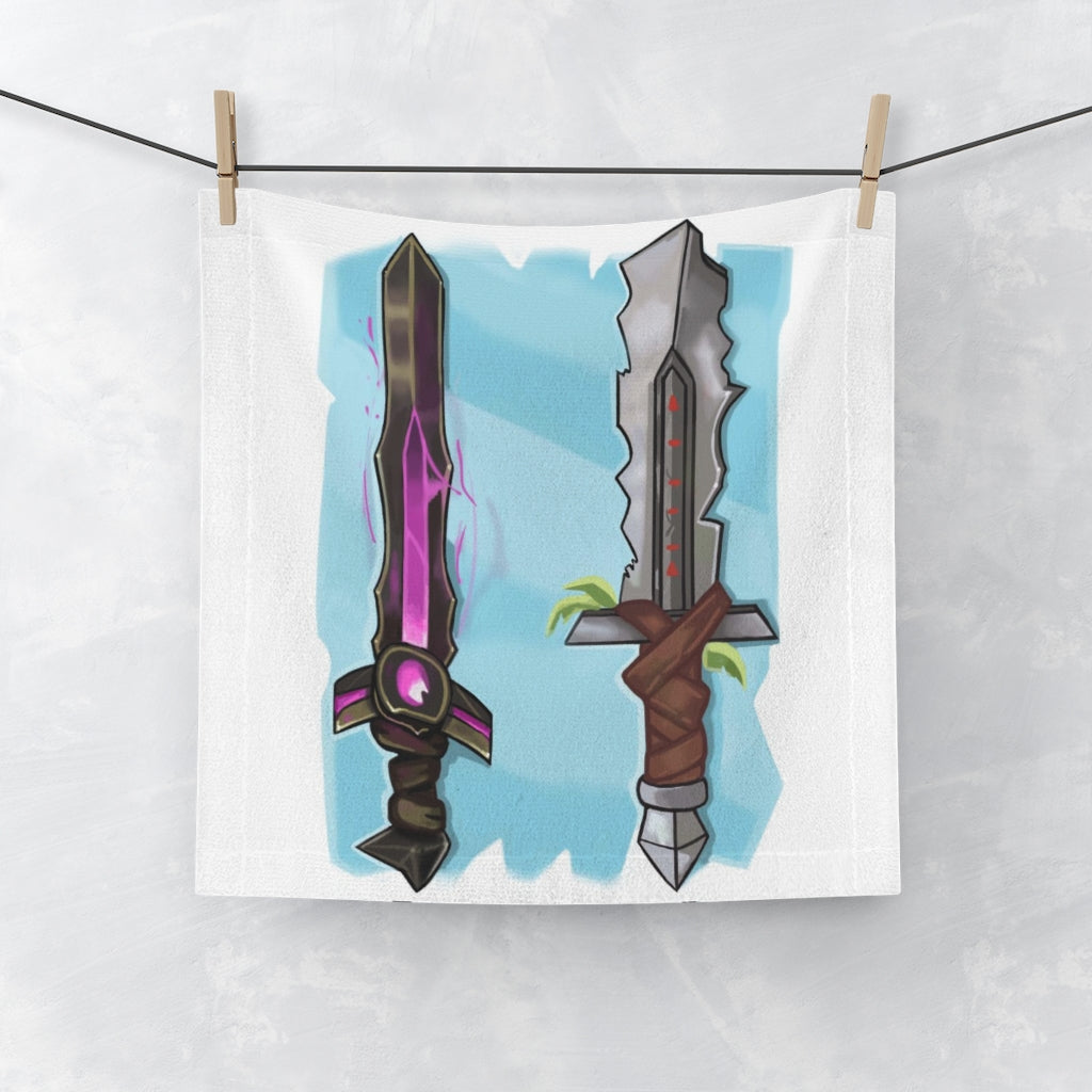 Customizable Swords Face Towel featuring a polyester front and cotton back, ideal for vibrant prints and everyday use.