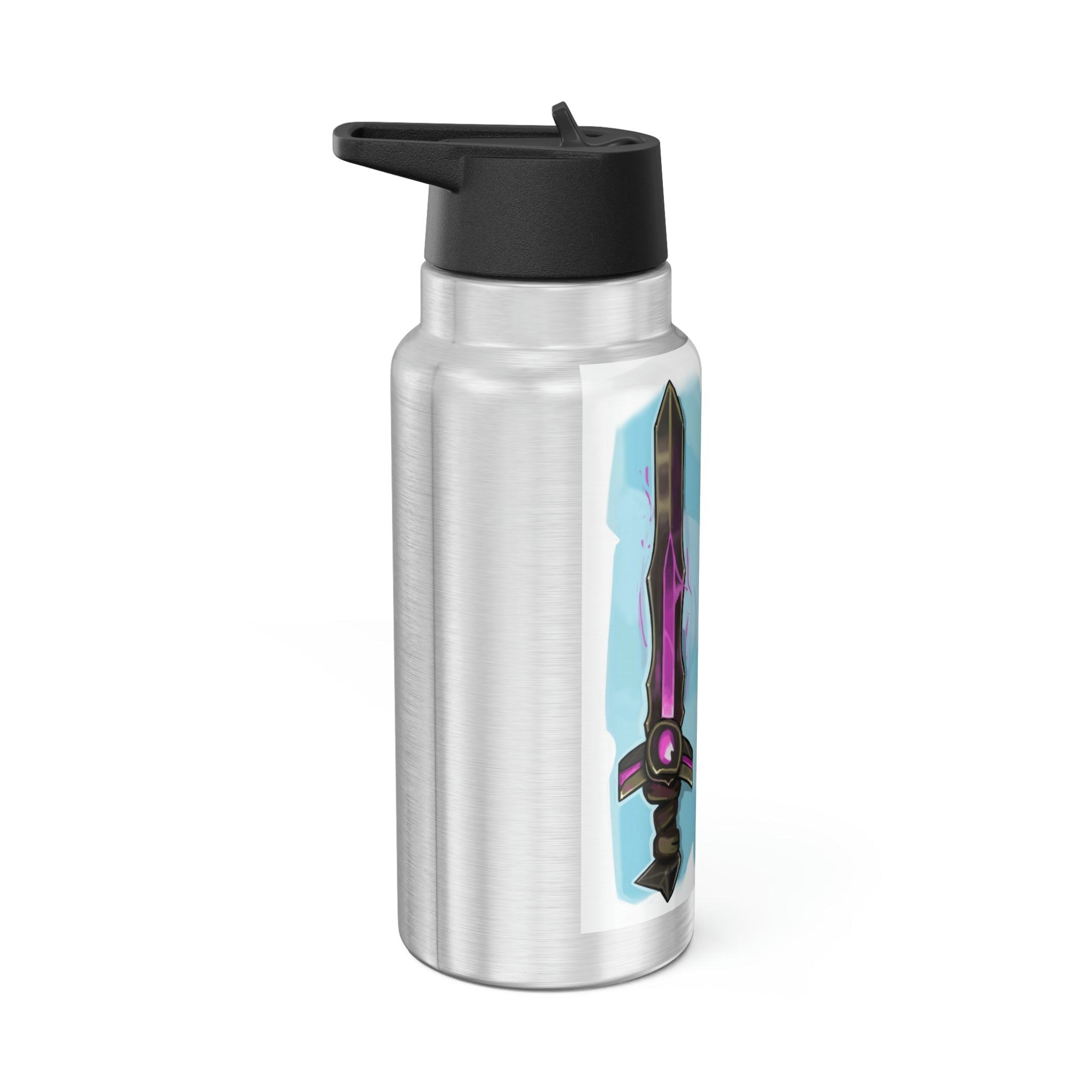 Swords Gator Tumbler, 32oz, made of stainless steel with a black screw-on cap and a plastic straw, featuring customizable design options.