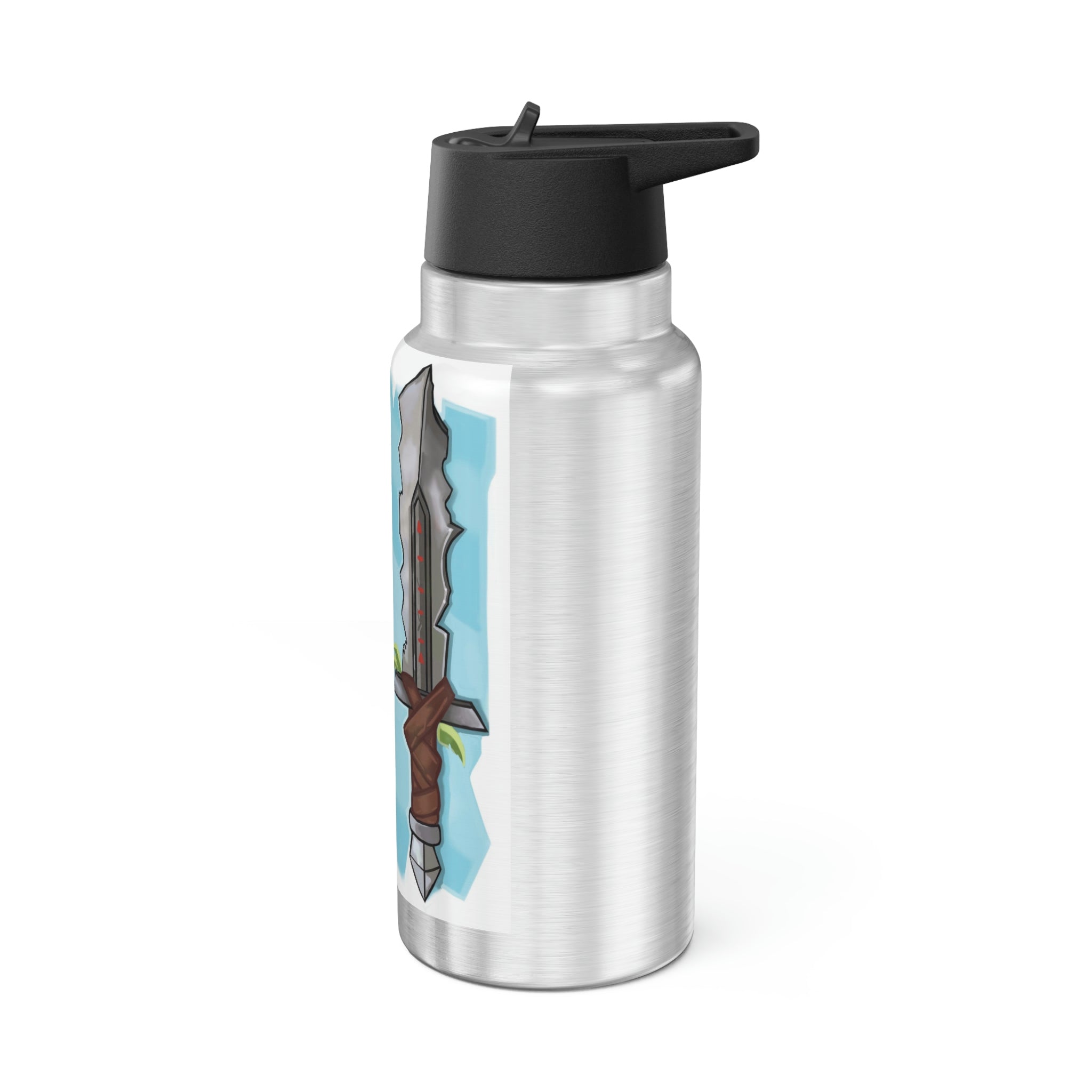 Swords Gator Tumbler, 32oz, made of stainless steel with a black screw-on cap and a plastic straw, featuring customizable design options.