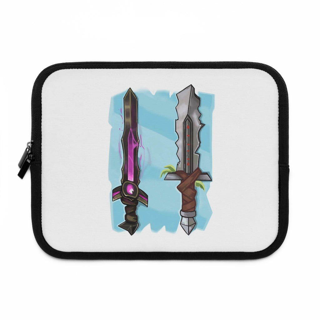 Swords Laptop Sleeve featuring a customizable front design and black polyester back, ideal for protecting laptops during travel.