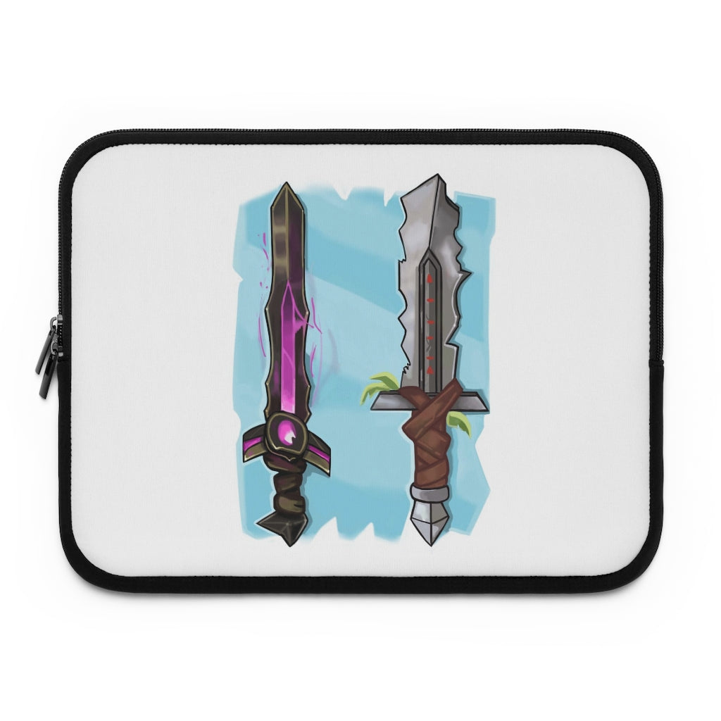 Swords Laptop Sleeve featuring a customizable front design and black polyester back, ideal for protecting laptops during travel.