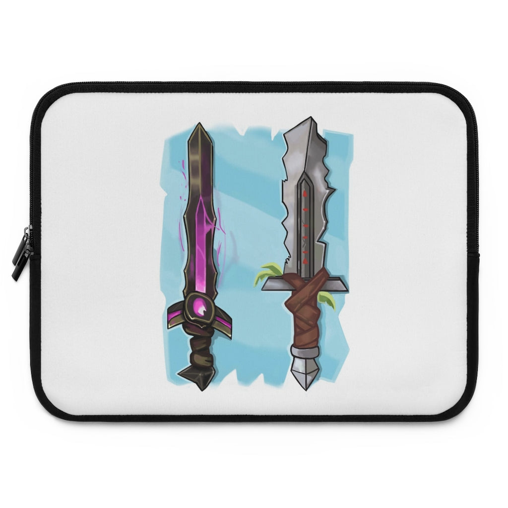 Swords Laptop Sleeve featuring a customizable front design and black polyester back, ideal for protecting laptops during travel.