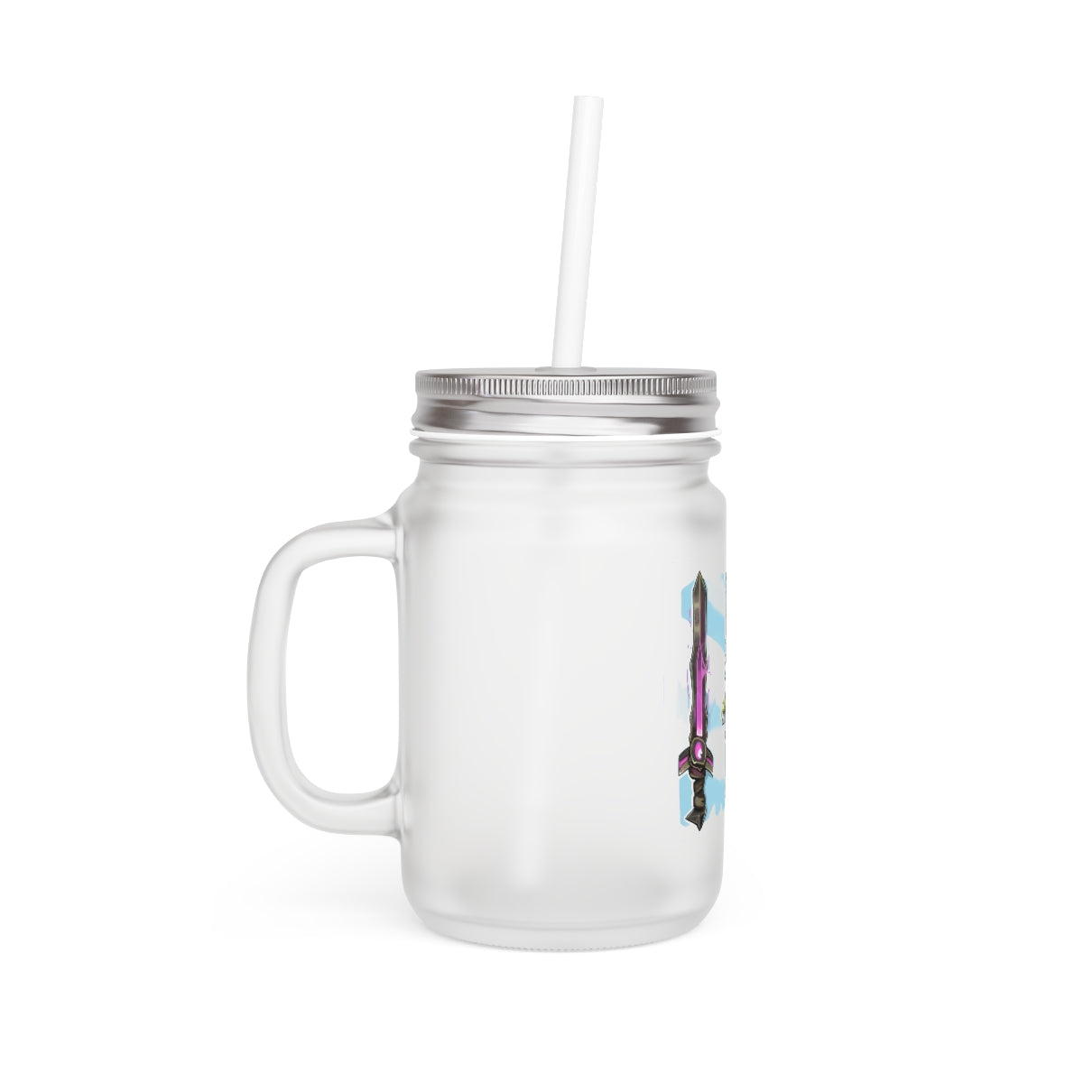 A stylish Swords Mason Jar made of frosted glass, featuring a straw and lid, perfect for personalized drinks.