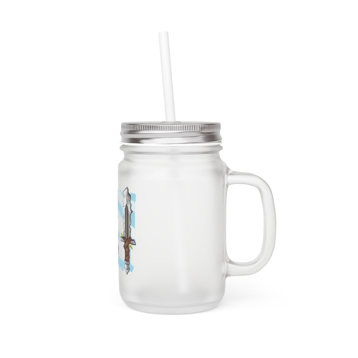 A stylish Swords Mason Jar made of frosted glass, featuring a straw and lid, perfect for personalized drinks.