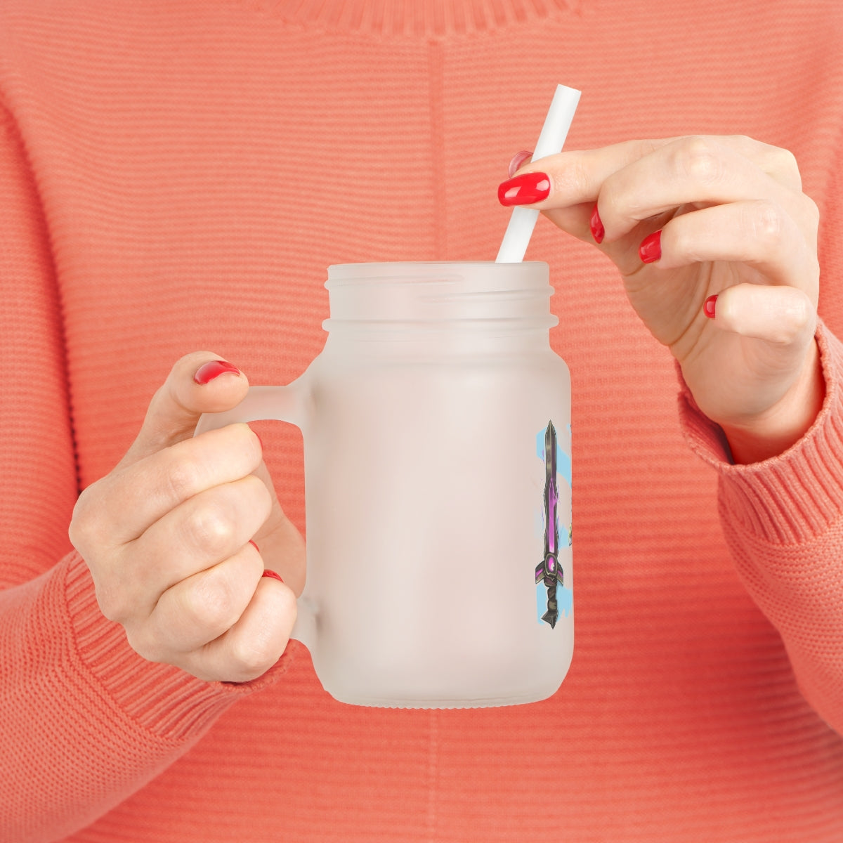 A stylish Swords Mason Jar made of frosted glass, featuring a straw and lid, perfect for personalized drinks.