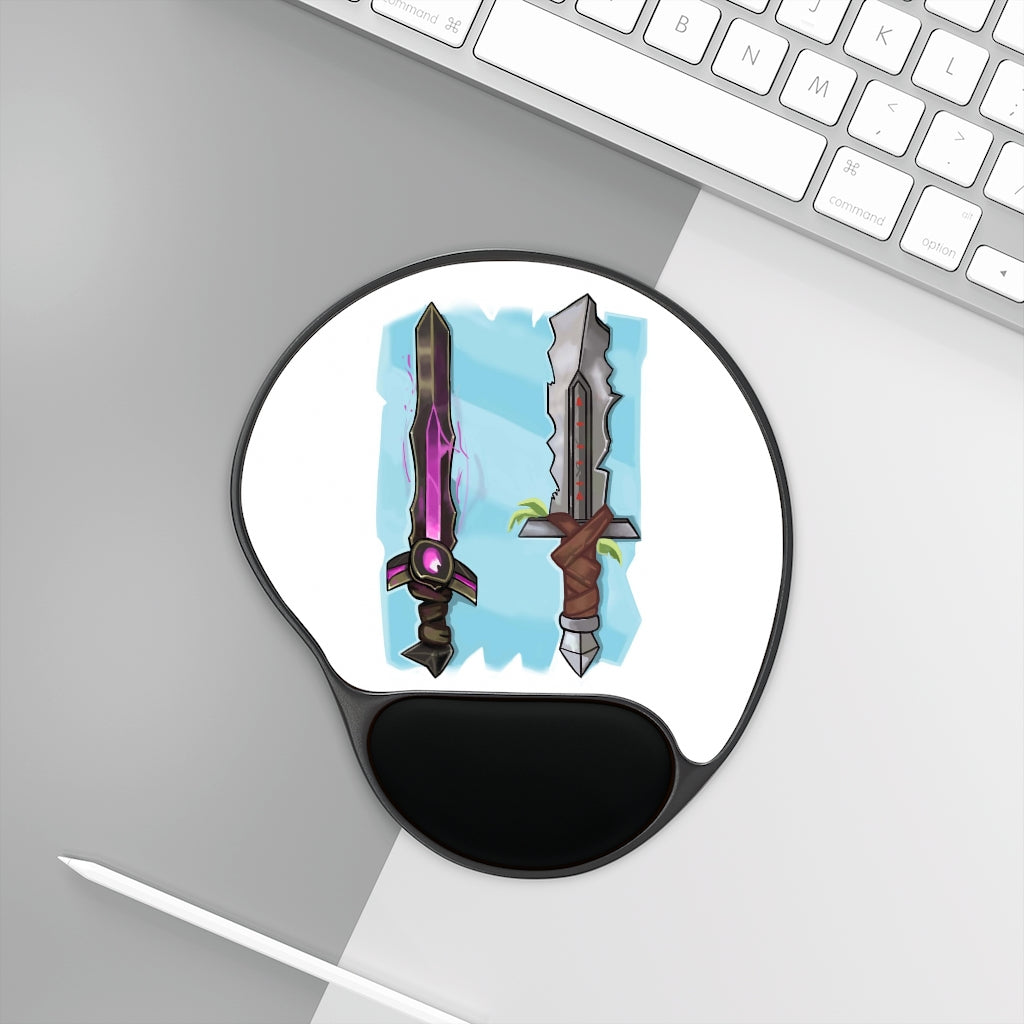 Swords Mouse Pad with ergonomic Memory Foam wrist rest and custom-printed neoprene insert, featuring a foot-shaped design.