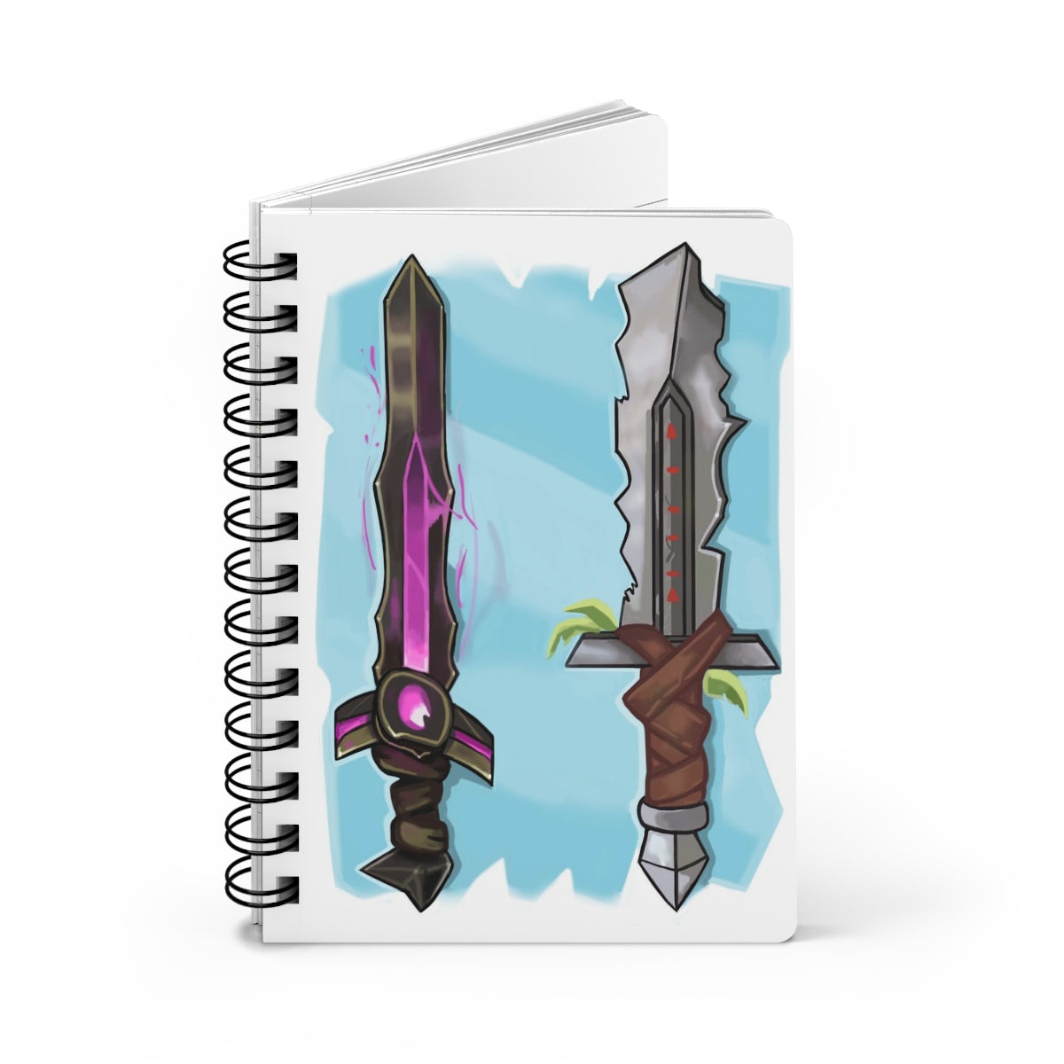 Swords Spiral Bound Journal with glossy laminated cover and lined pages, showcasing a stylish design.