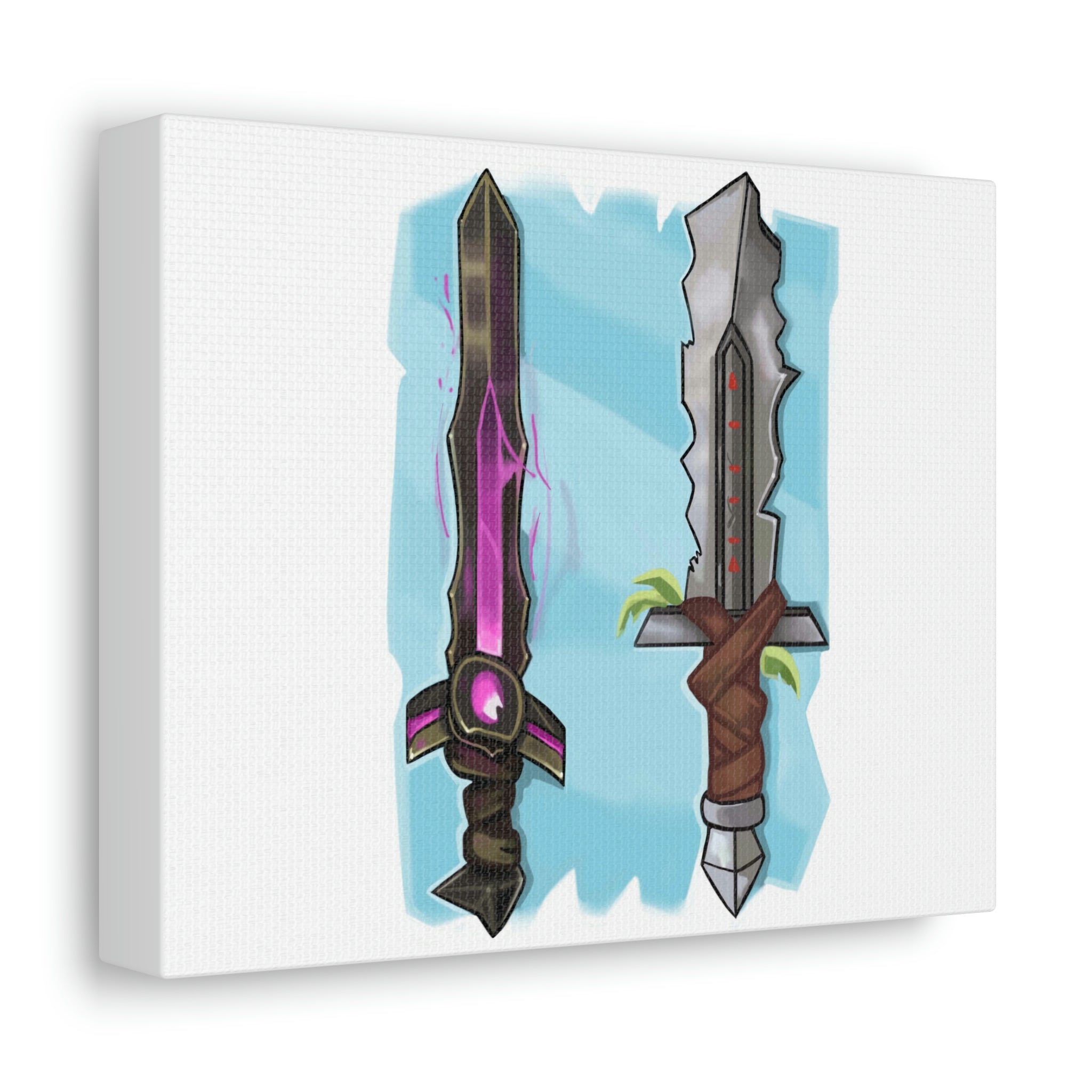 A beautifully stretched canvas featuring intricate sword designs, showcasing vibrant colors and high-quality detail, perfect for indoor decoration.