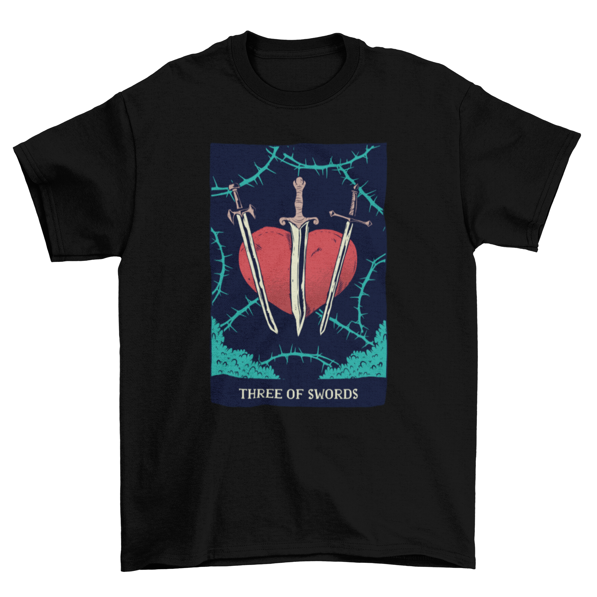 Swords Tarot Card T-Shirt featuring an illustration of the 3 of swords card, showcasing intricate details and vibrant colors.