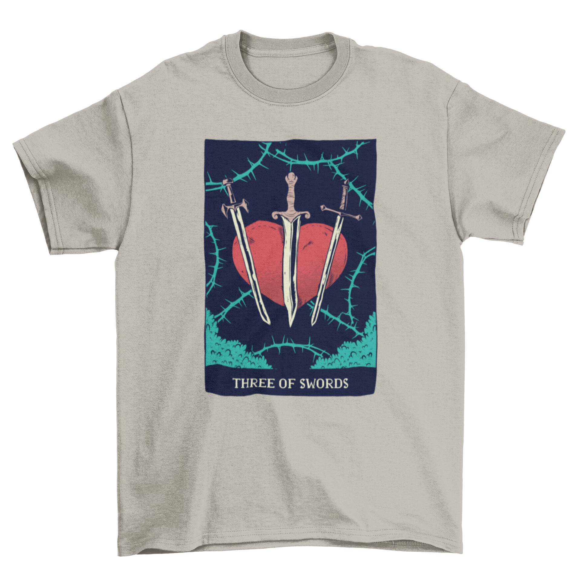 Swords Tarot Card T-Shirt featuring an illustration of the 3 of swords card, showcasing intricate details and vibrant colors.