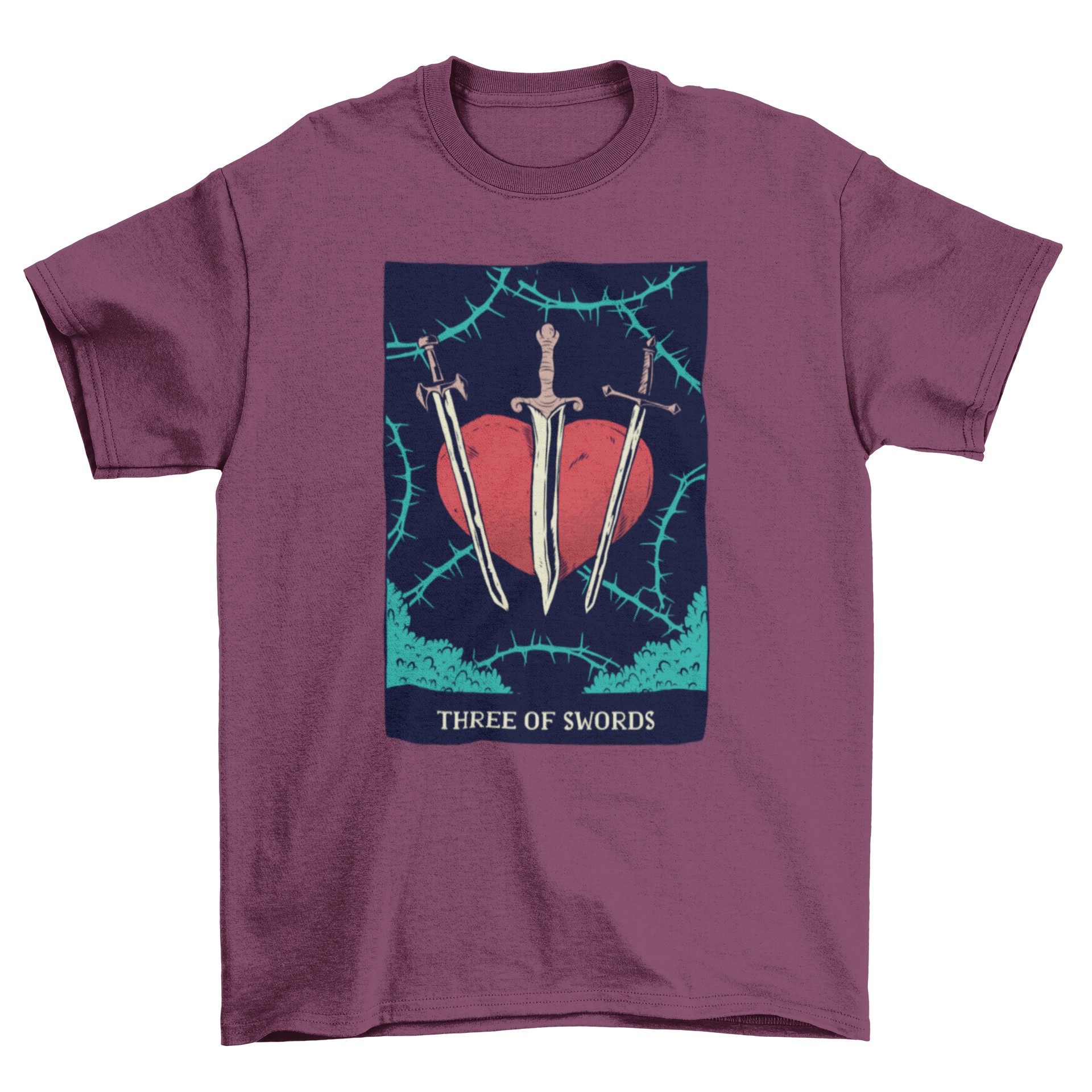 Swords Tarot Card T-Shirt featuring an illustration of the 3 of swords card, showcasing intricate details and vibrant colors.