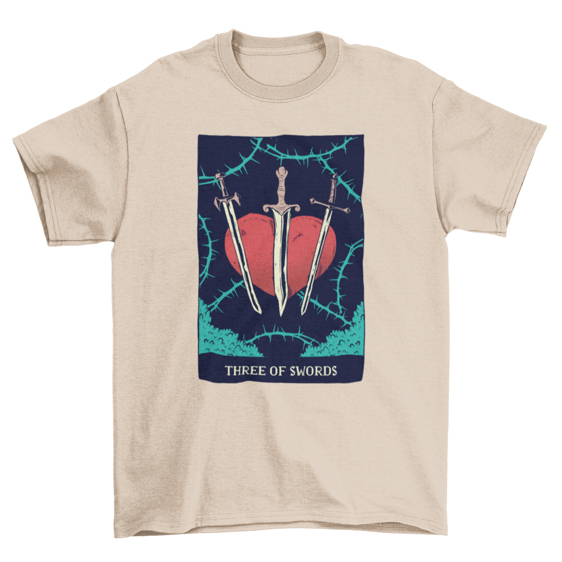 Swords Tarot Card T-Shirt featuring an illustration of the 3 of swords card, showcasing intricate details and vibrant colors.