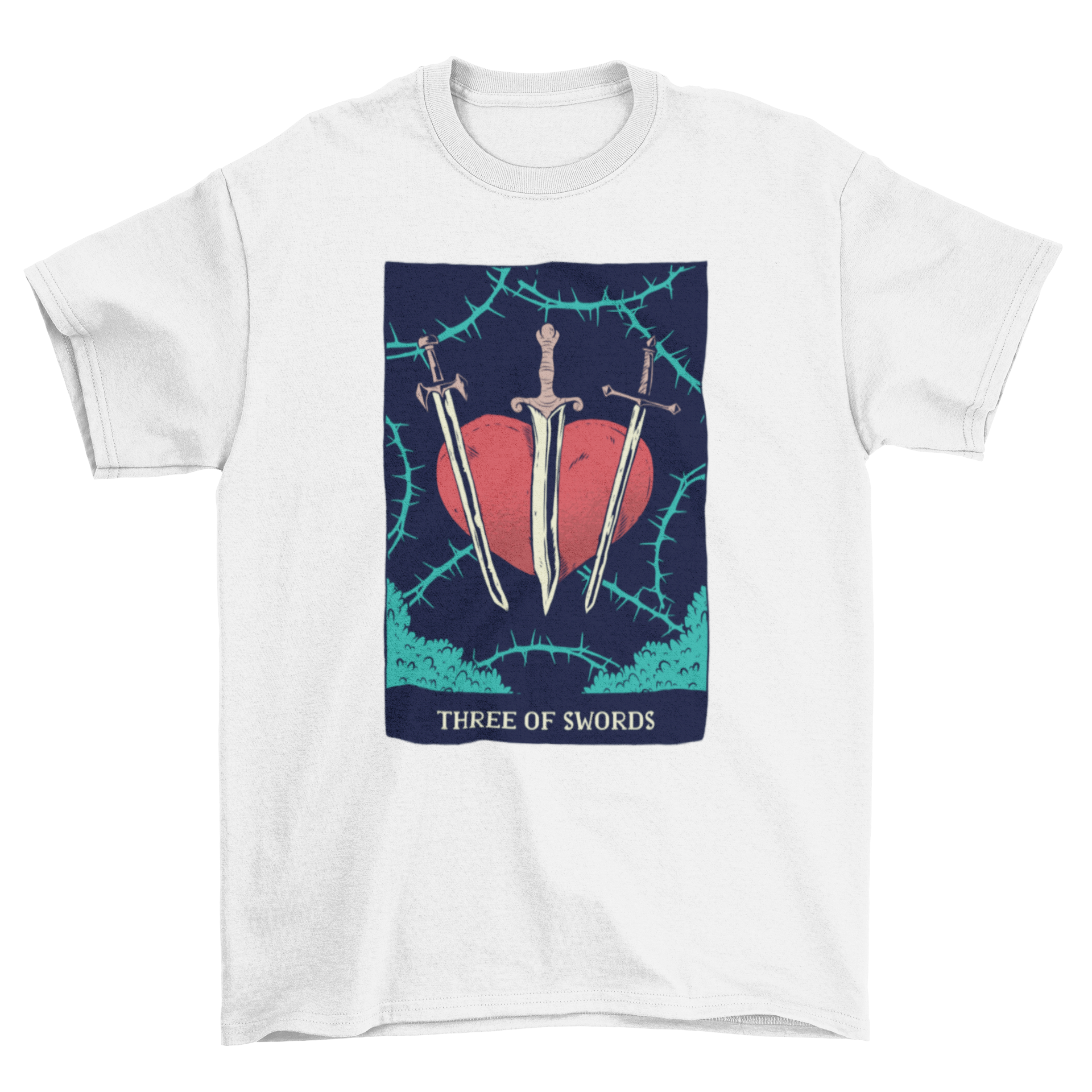 Swords Tarot Card T-Shirt featuring an illustration of the 3 of swords card, showcasing intricate details and vibrant colors.