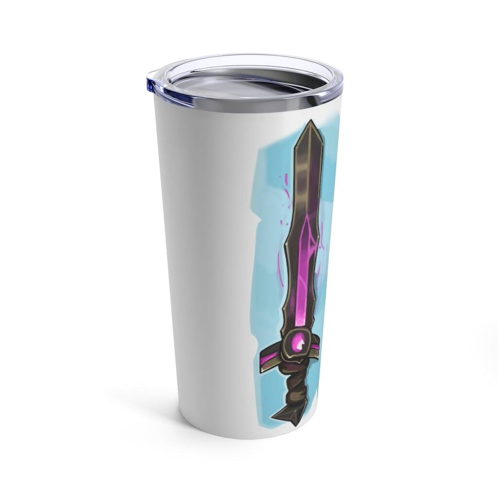 Swords Tumbler 20oz in stainless steel with a see-thru plastic lid, showcasing its sleek design and rounded corners.