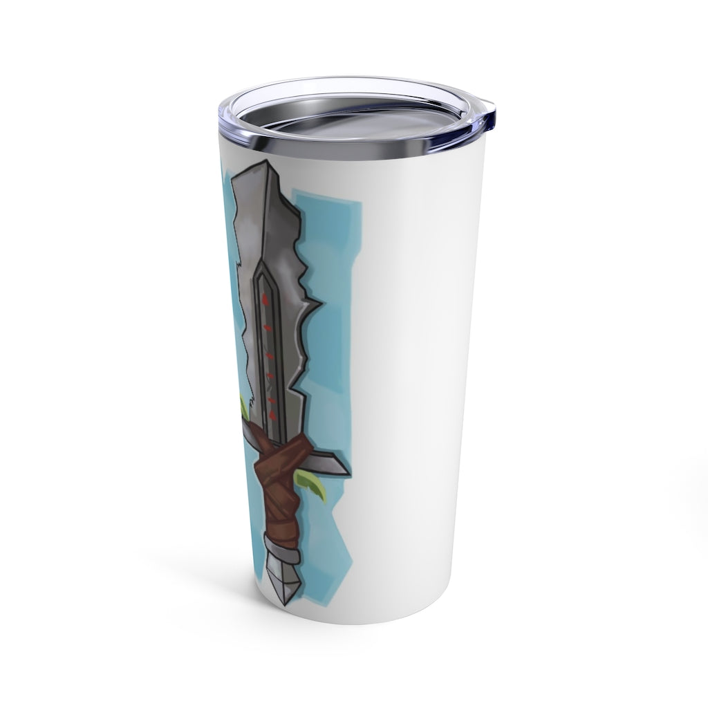 Swords Tumbler 20oz in stainless steel with a see-thru plastic lid, showcasing its sleek design and rounded corners.