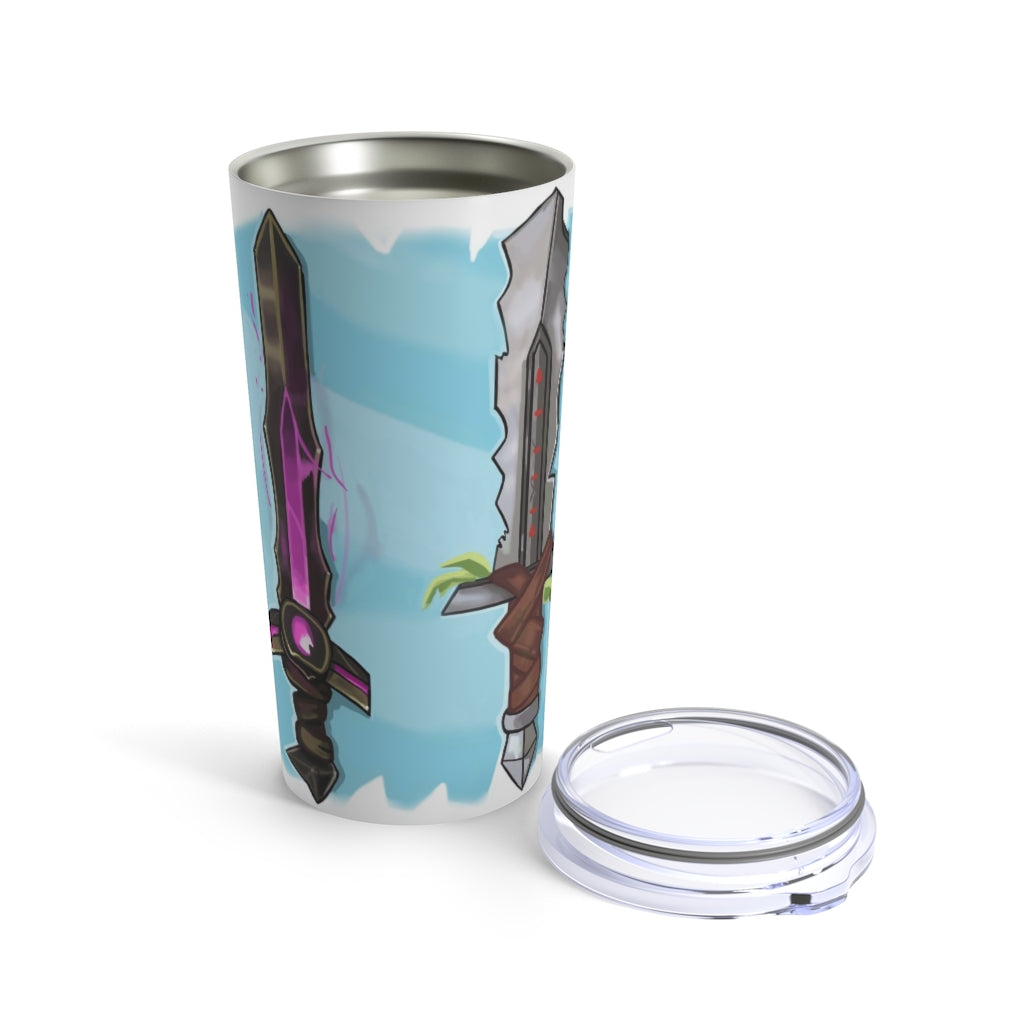 Swords Tumbler 20oz in stainless steel with a see-thru plastic lid, showcasing its sleek design and rounded corners.