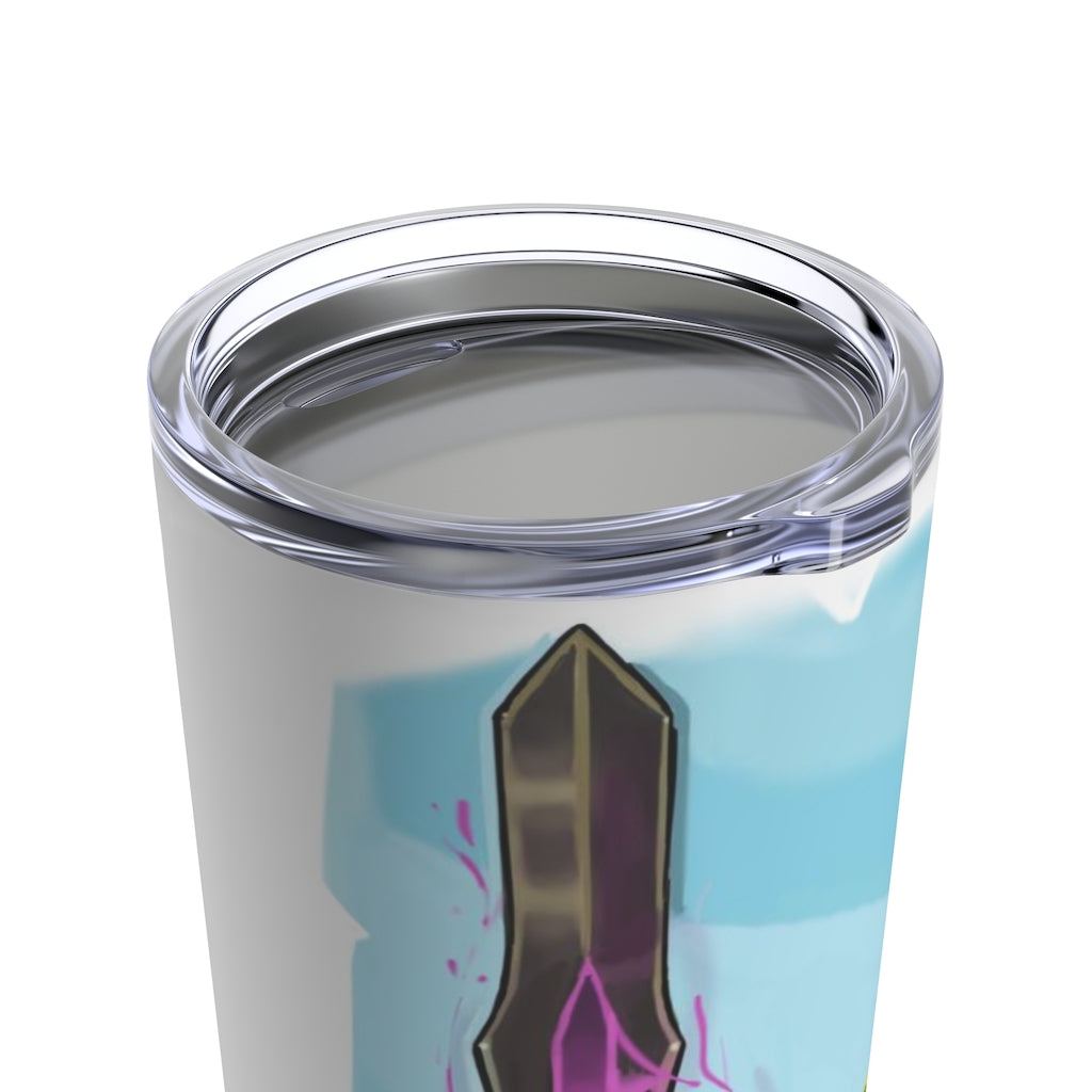 Swords Tumbler 20oz in stainless steel with a see-thru plastic lid, showcasing its sleek design and rounded corners.