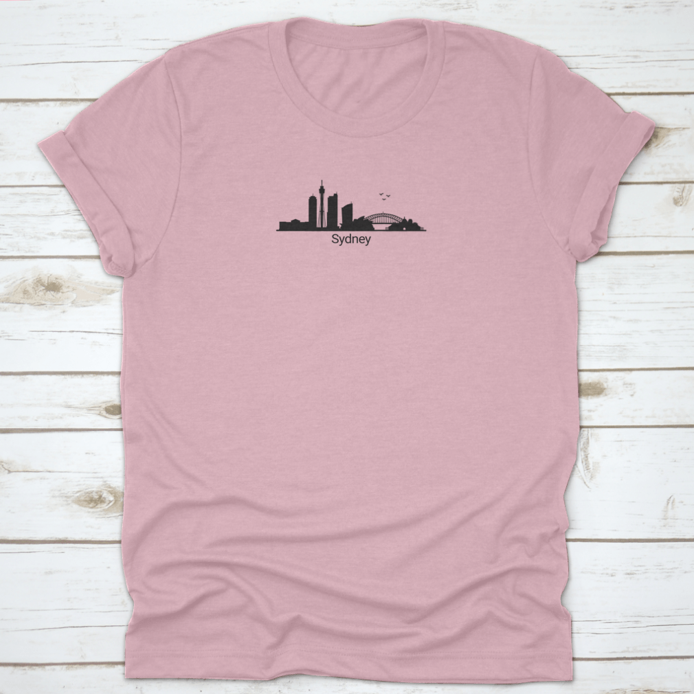 Minimalist design of Sydney skyline on a comfortable cotton T-shirt, showcasing iconic buildings.