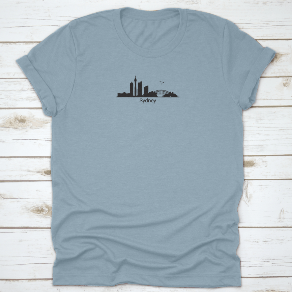 Minimalist design of Sydney skyline on a comfortable cotton T-shirt, showcasing iconic buildings.