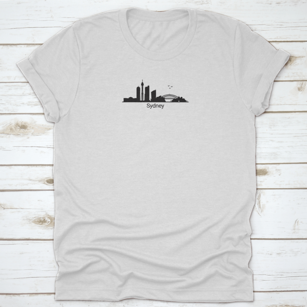 Minimalist design of Sydney skyline on a comfortable cotton T-shirt, showcasing iconic buildings.