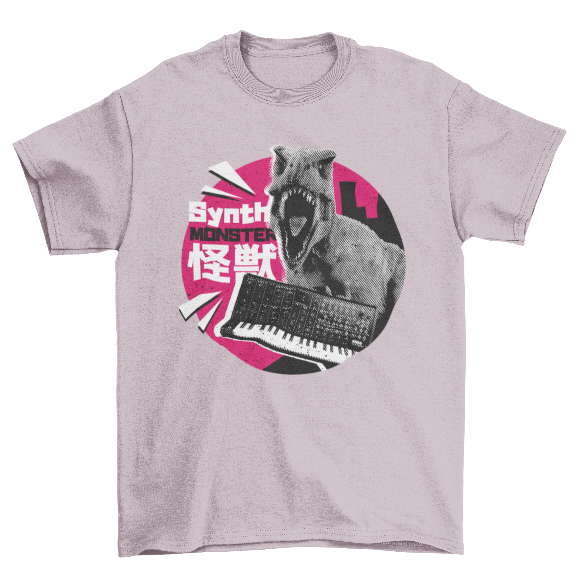 Synth Monster T-shirt featuring a dinosaur and synthesizer illustration with vibrant colors.