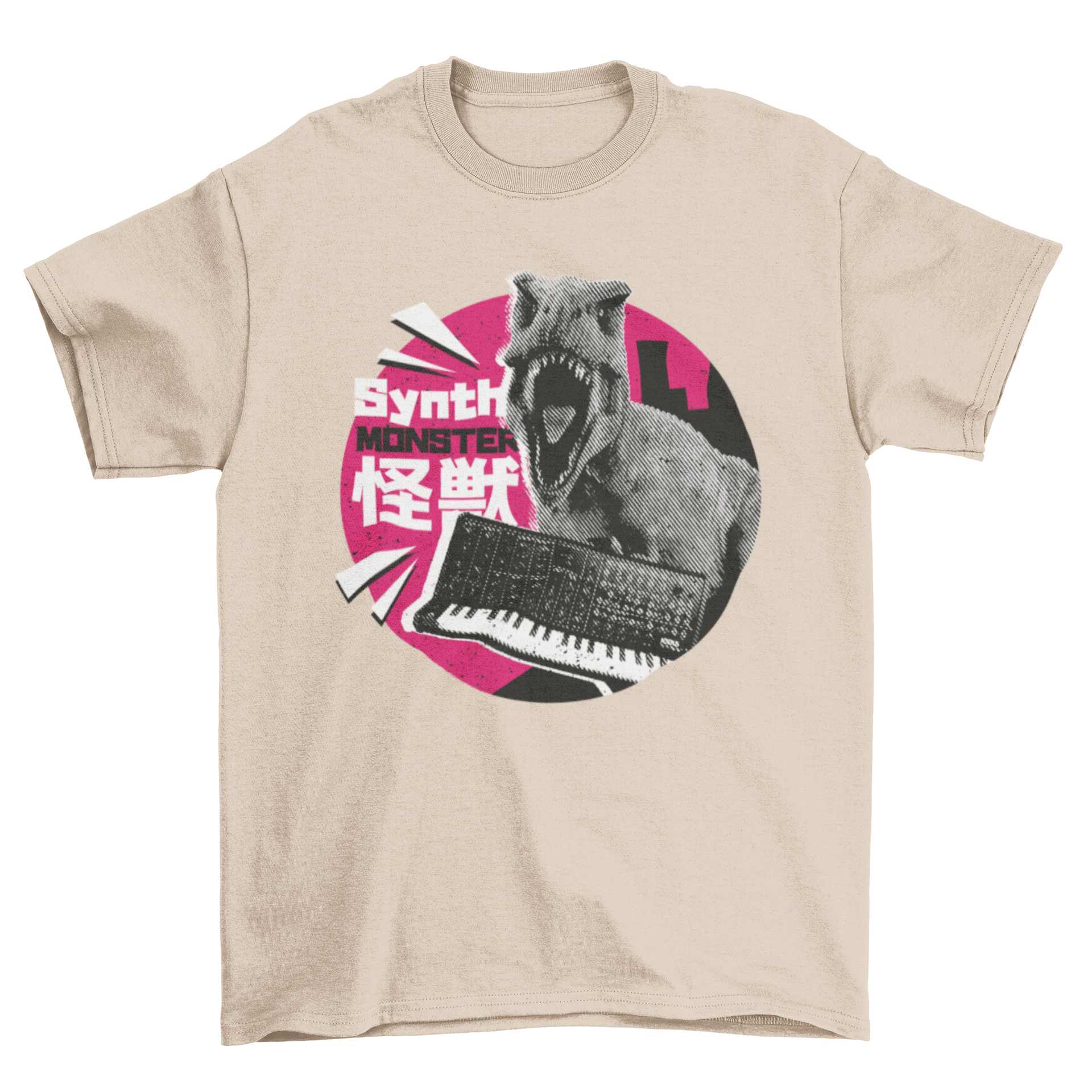 Synth Monster T-shirt featuring a dinosaur and synthesizer illustration with vibrant colors.