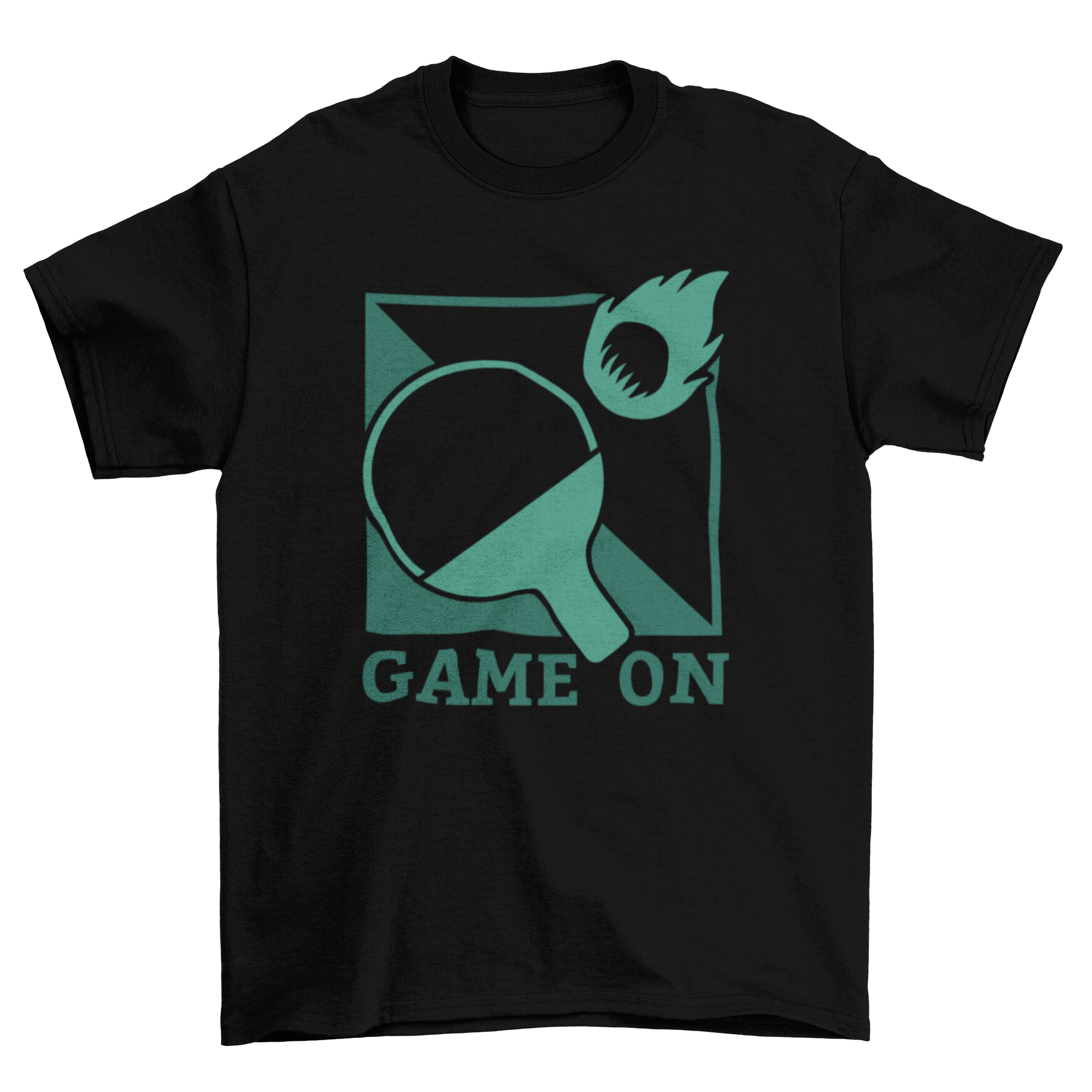 A vibrant Table Tennis T-shirt featuring a flaming racket and ball design with 'Game On' caption.