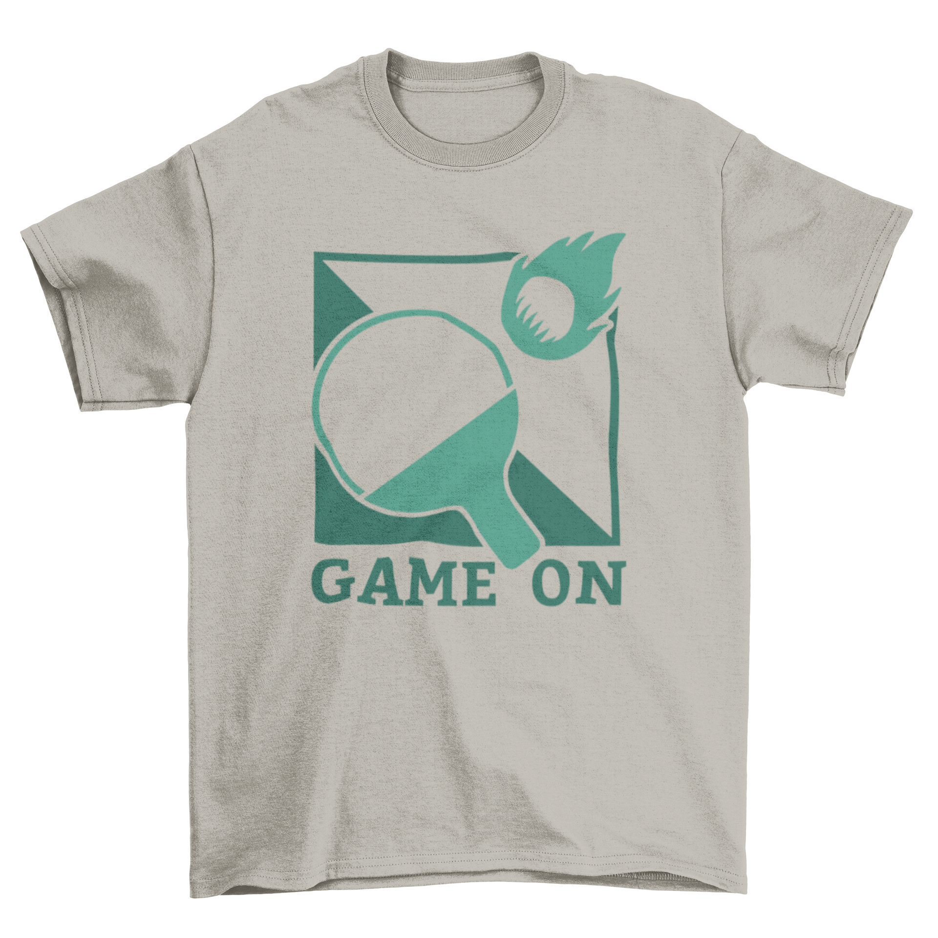 A vibrant Table Tennis T-shirt featuring a flaming racket and ball design with 'Game On' caption.