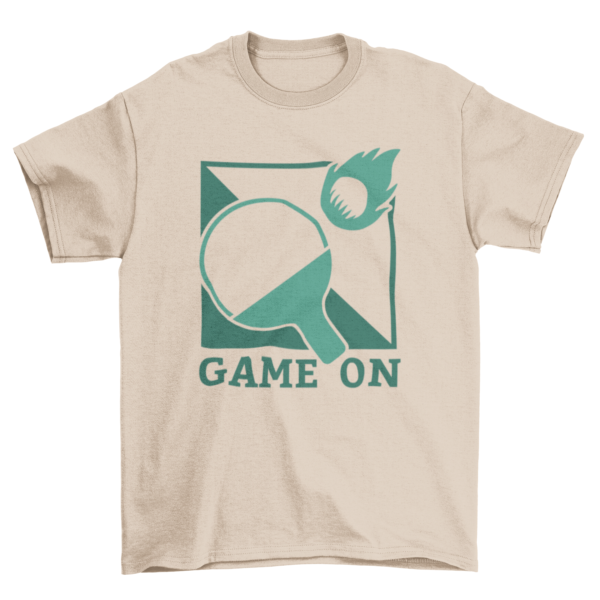 A vibrant Table Tennis T-shirt featuring a flaming racket and ball design with 'Game On' caption.