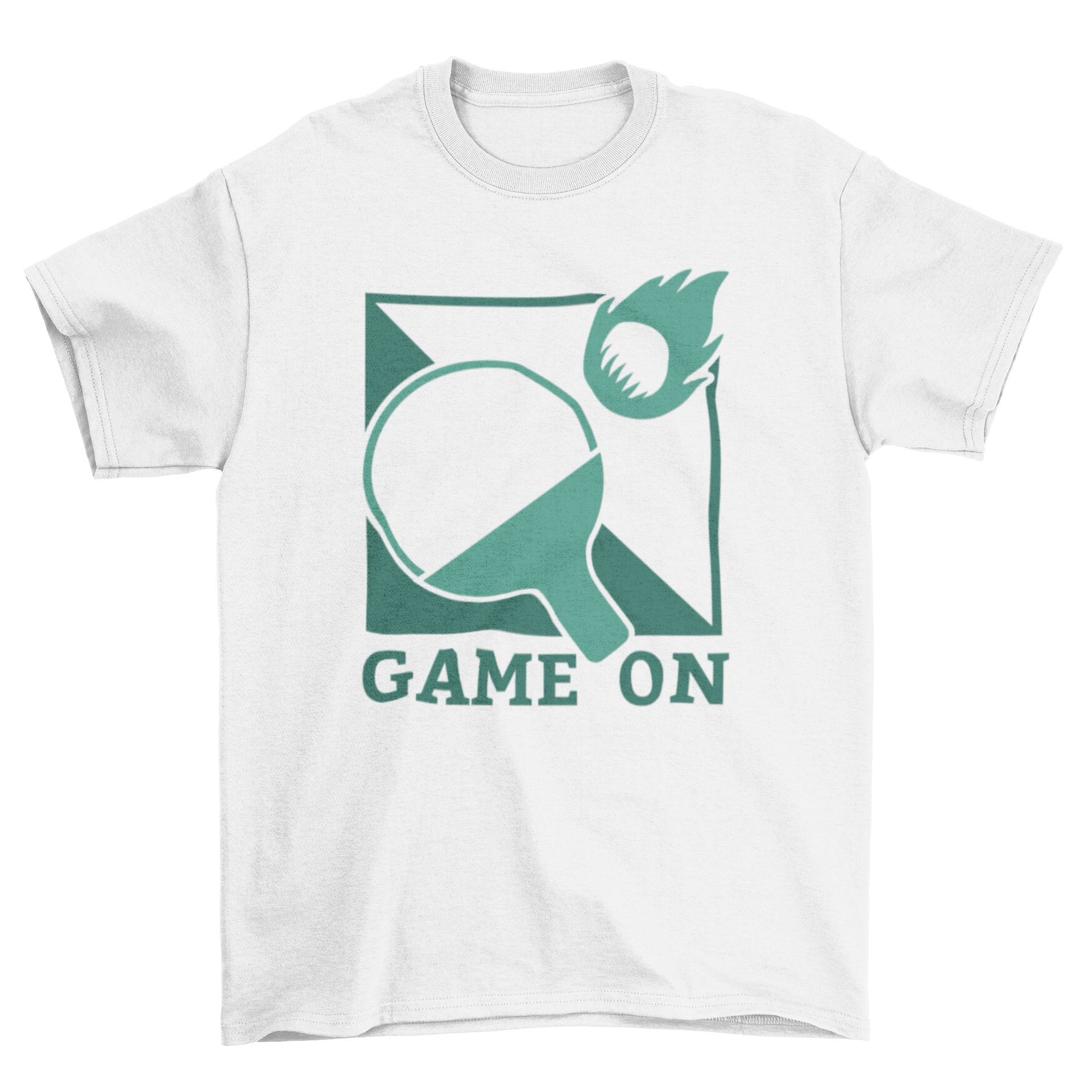 A vibrant Table Tennis T-shirt featuring a flaming racket and ball design with 'Game On' caption.